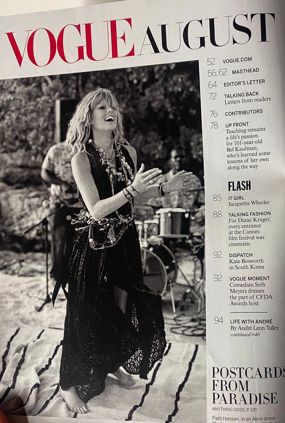 Table of contents page from Vogue Magazine August 2012, listing features like 'It Girl: Jacquetta Wheeler' and 'Talking Fashion: Diane Kruger'.