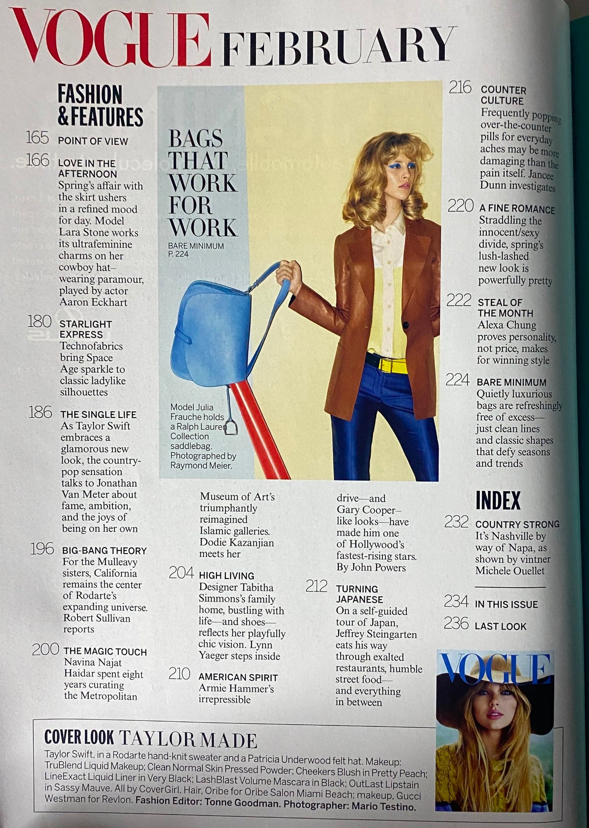 Fashion editorial page from Vogue Magazine February 2012, showcasing key fashion themes and a striking image of a model in a stylish ensemble.