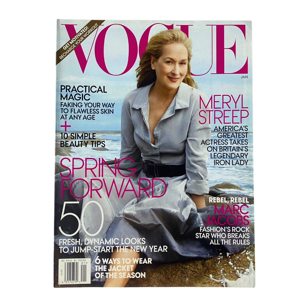 Vogue Magazine January 2012 featuring Meryl Streep on the cover in a Donna Karan New York silver luminescent shirtdress, showcasing spring fashion themes.