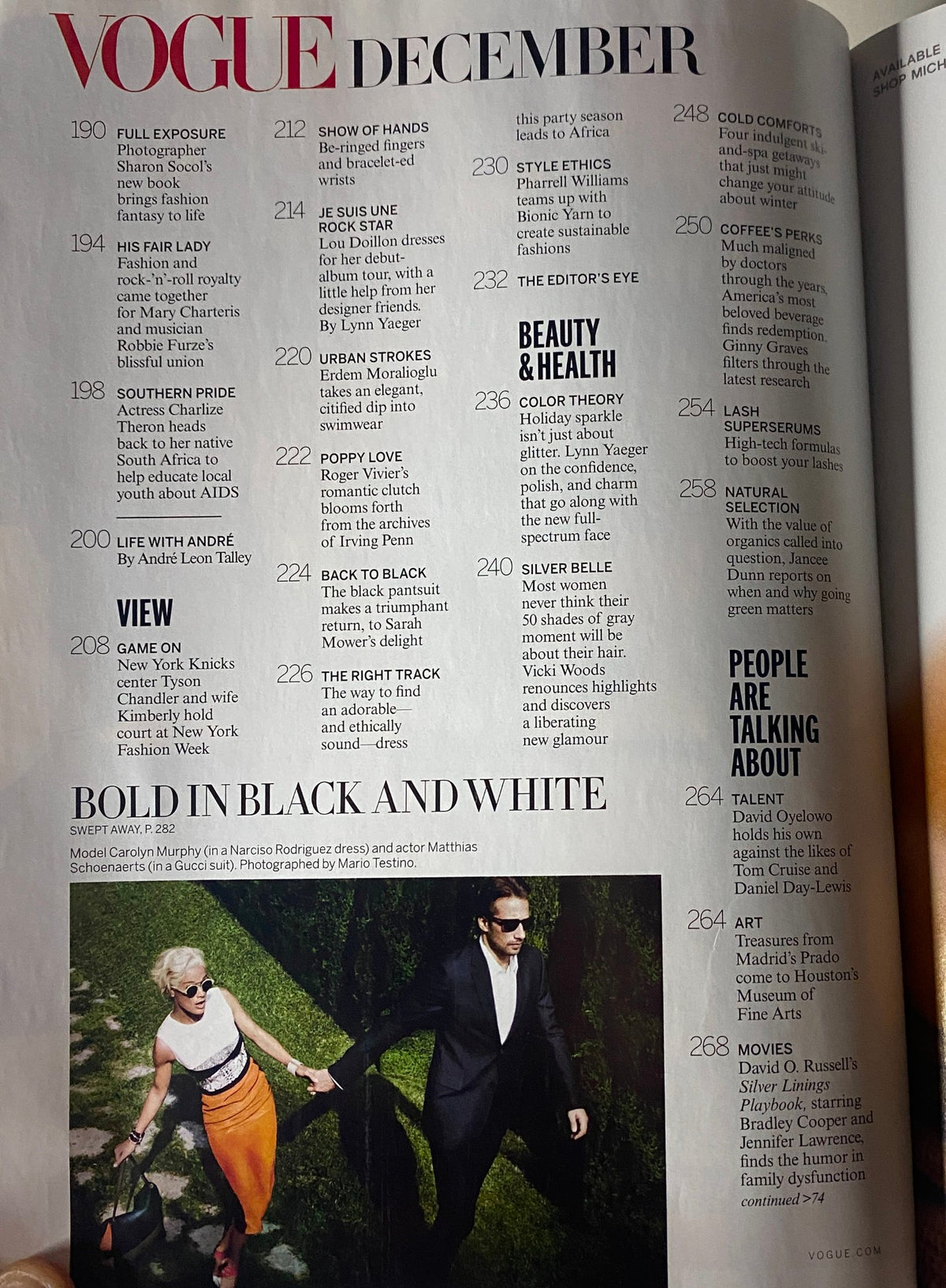 Vogue Magazine December 2012 Anne Hathaway Cover featuring a table of contents for the issue, highlighting articles on fashion, beauty, health, and celebrity profiles.