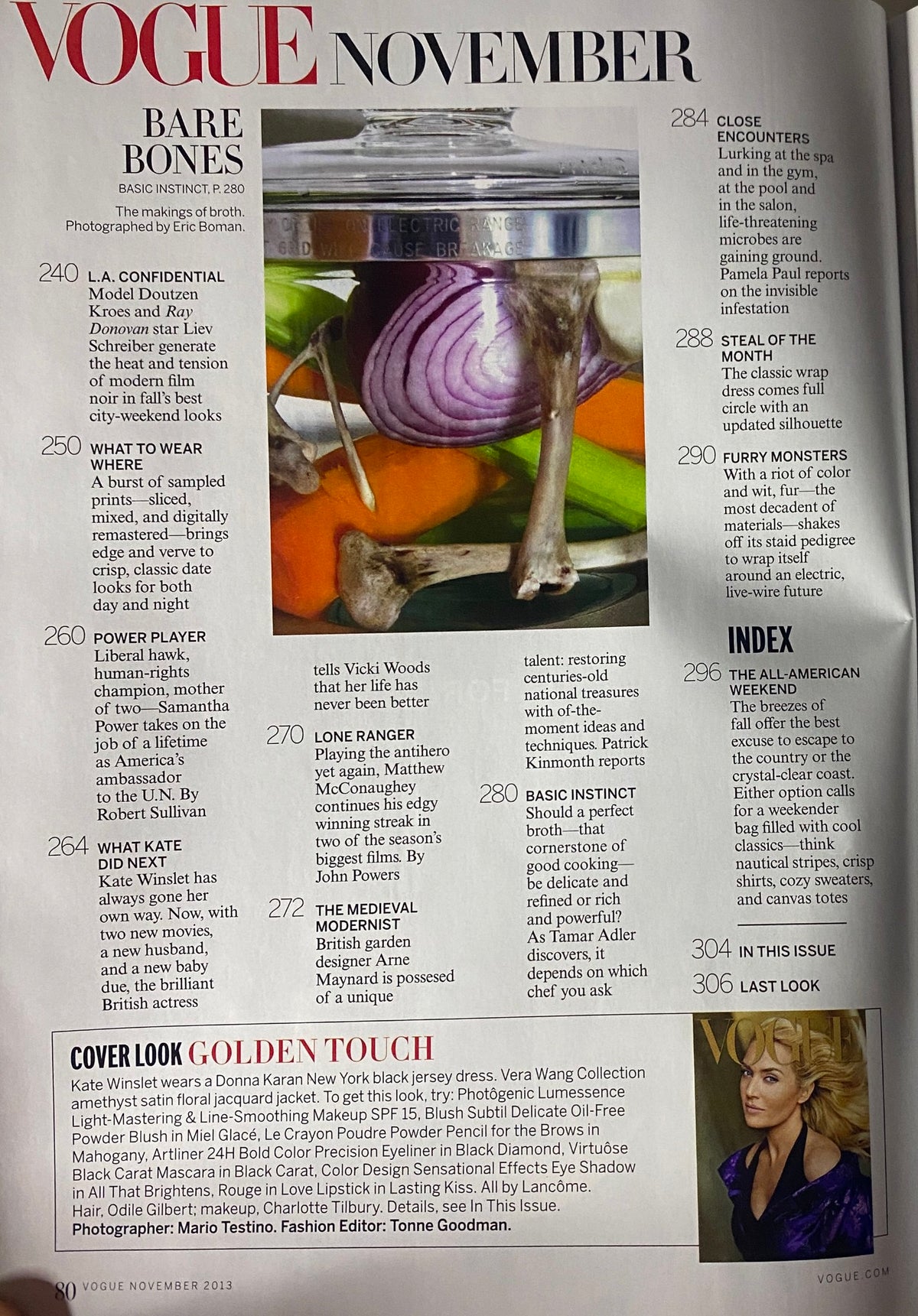 Vogue Magazine November 2013 overview page showcasing articles including 'What to Wear Where' and 'Power Player'. Features a visual of an artful vegetable display.