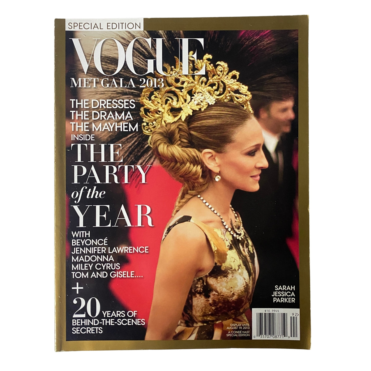 Vogue Magazine 2013 Met Gala - Sarah Jessica Parker Cover, highlighting the stunning gold crown and dramatic hairstyle. Special edition featuring fashion insights and celebrity coverage.