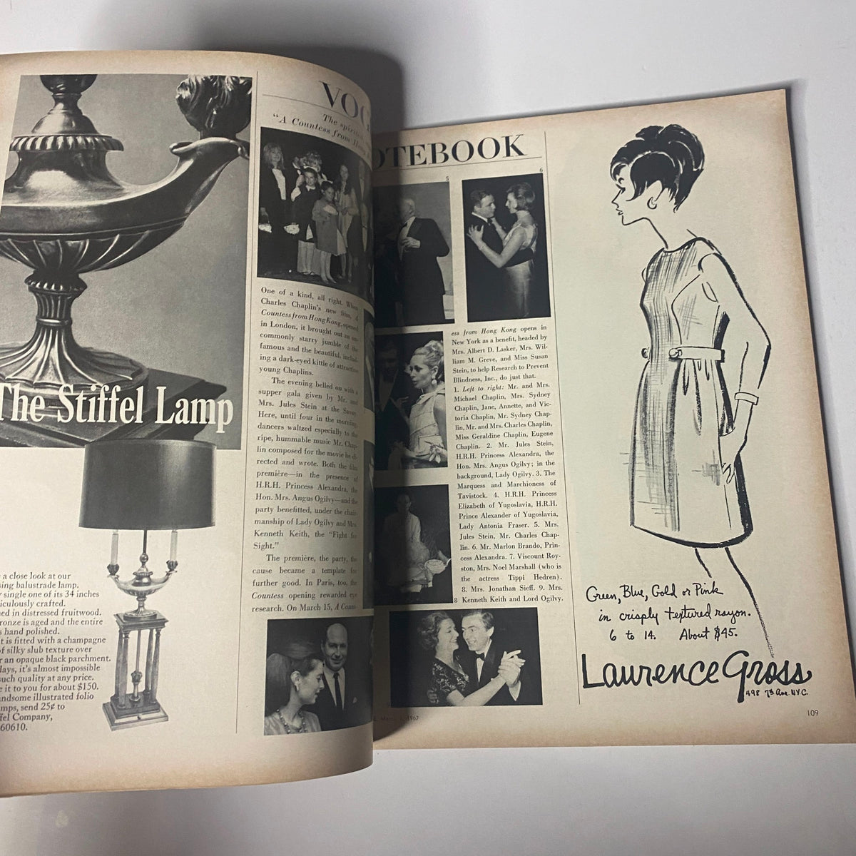 A note-filled page from Vogue Magazine March 1, 1967, featuring illustrations and photos, offering a glimpse into the editorial style and content of the era.