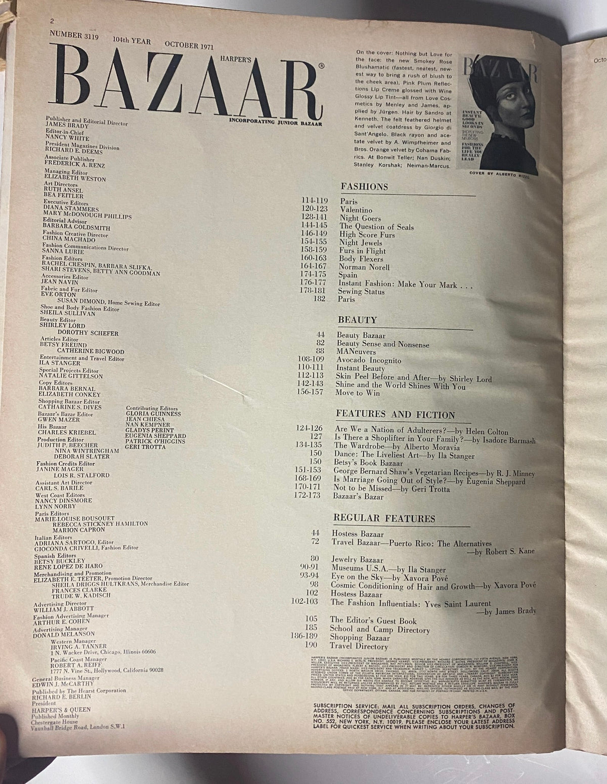 Table of Contents from Harper's Bazaar Magazine October 1971, detailing featured articles on fashion and beauty, including highlights of the issue.