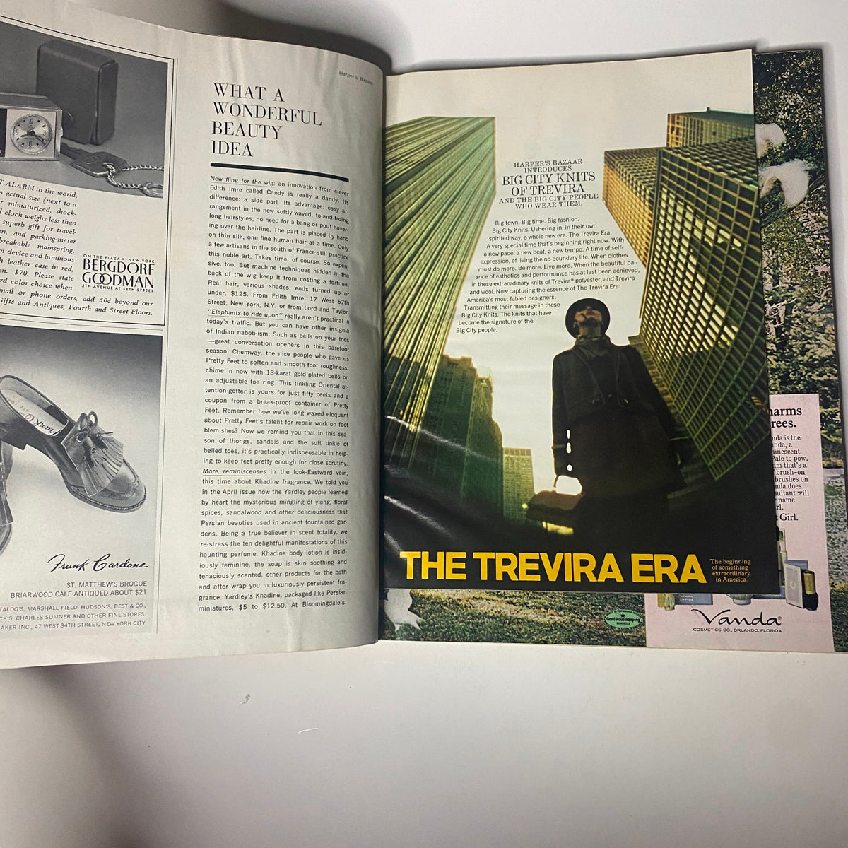 Illustrated advertisement page from Harper's Bazaar Magazine August 1968 featuring urban fashion titled 'The Trevira Era'.
