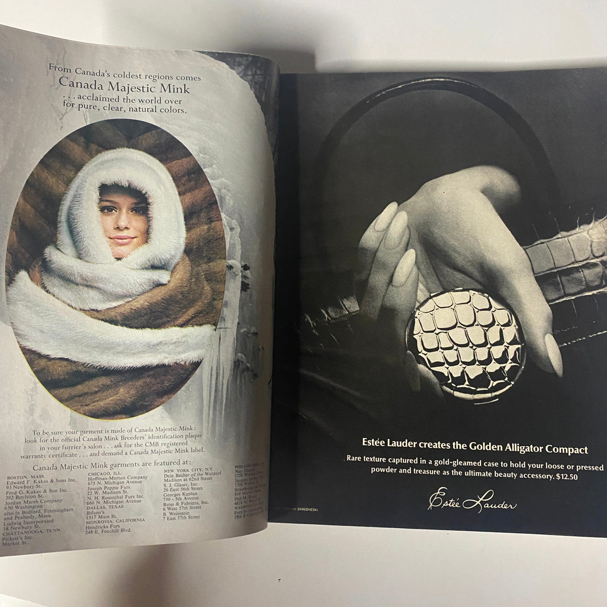 Vintage advertisement in Harper's Bazaar Magazine September 1967 for Canada Majestic Mink, showcasing a model draped in luxury fur and beauty products by Estée Lauder.