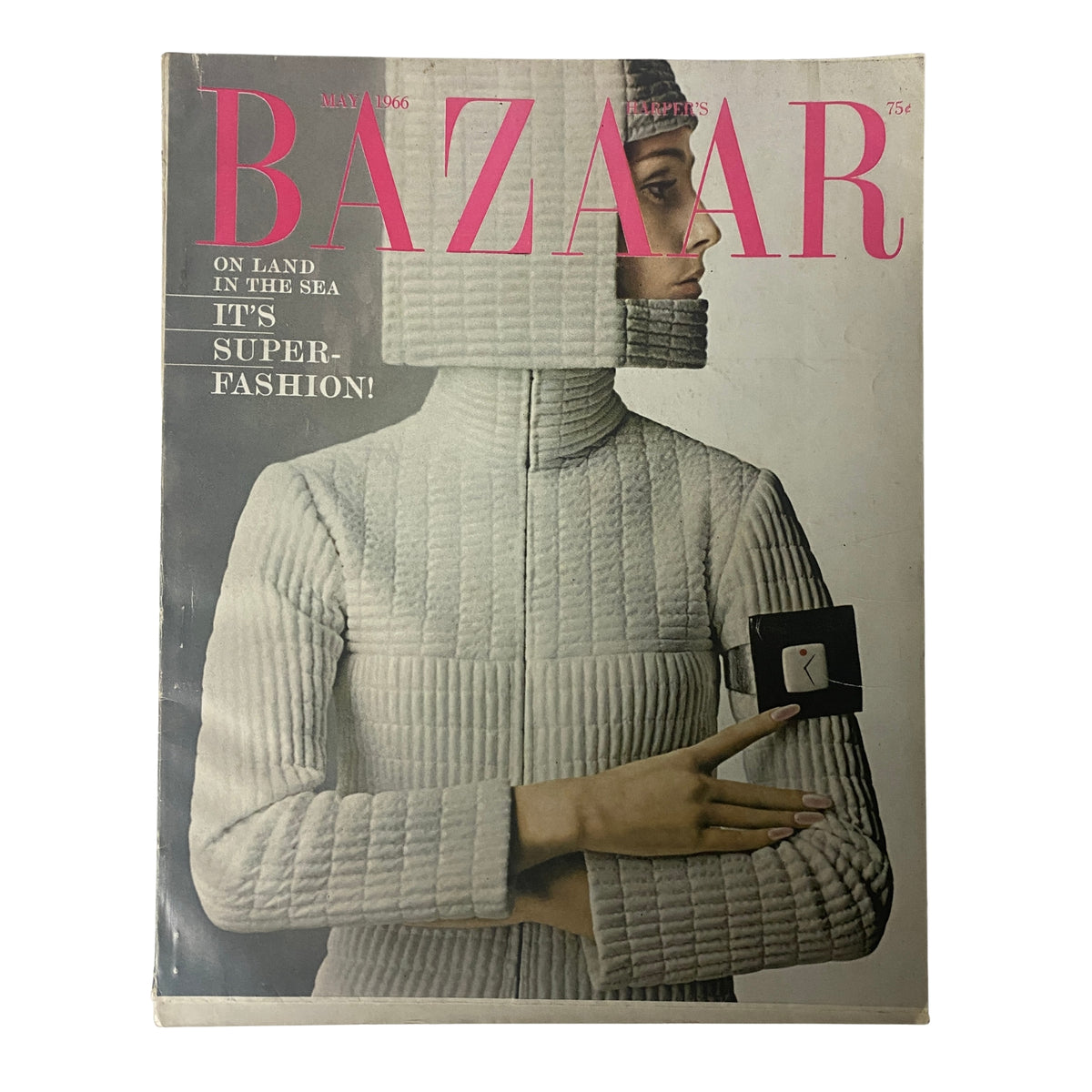 Cover of Harper's Bazaar Magazine May 1966 featuring 'Super-Fashion for the Super-Sailor', showcasing a model in a quilted vinyl jumpsuit, embodying avant-garde fashion of the mid-1960s.