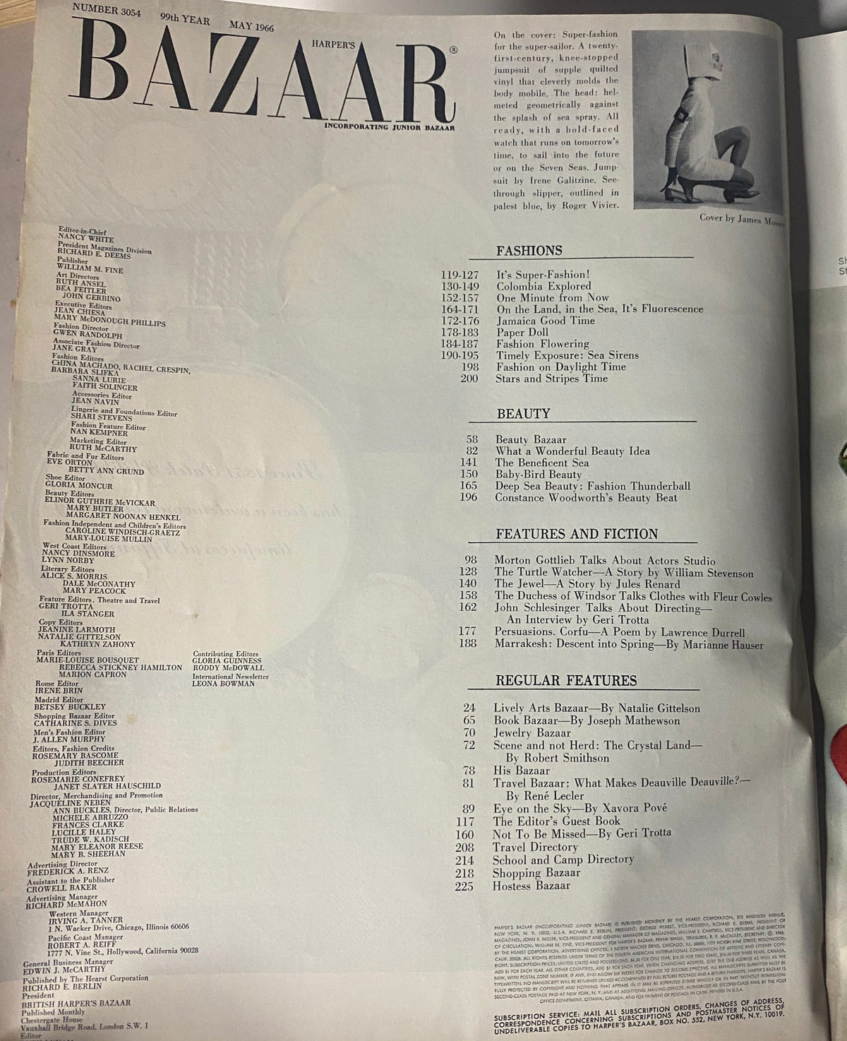 Table of contents from Harper's Bazaar Magazine May 1966, featuring listings for fashion, beauty, and literary contributions, reflecting the eclectic styles and themes of the time.