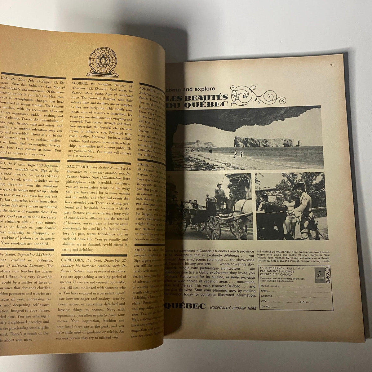 A vintage page spread from Harper's Bazaar Magazine May 1966 displaying a featured article about Quebec, emphasizing the intersection of culture and style during the 1960s.