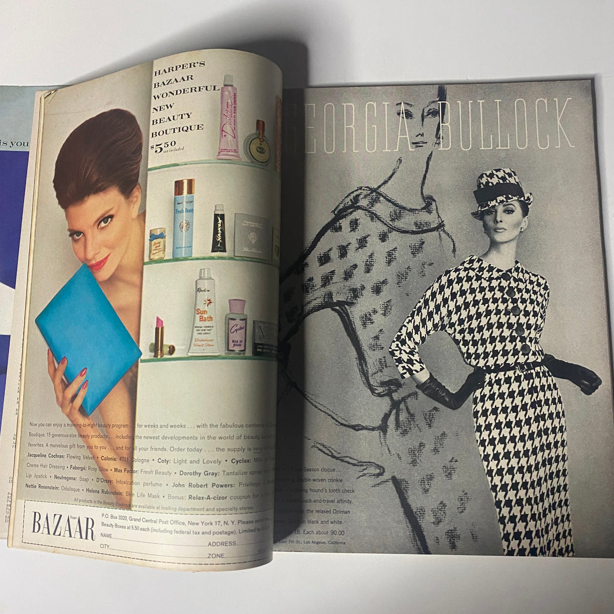 Vintage advertisement page from Harper's Bazaar Magazine August 1963 featuring a beauty product advertisement alongside a fashion illustration, highlighting contemporary beauty trends.