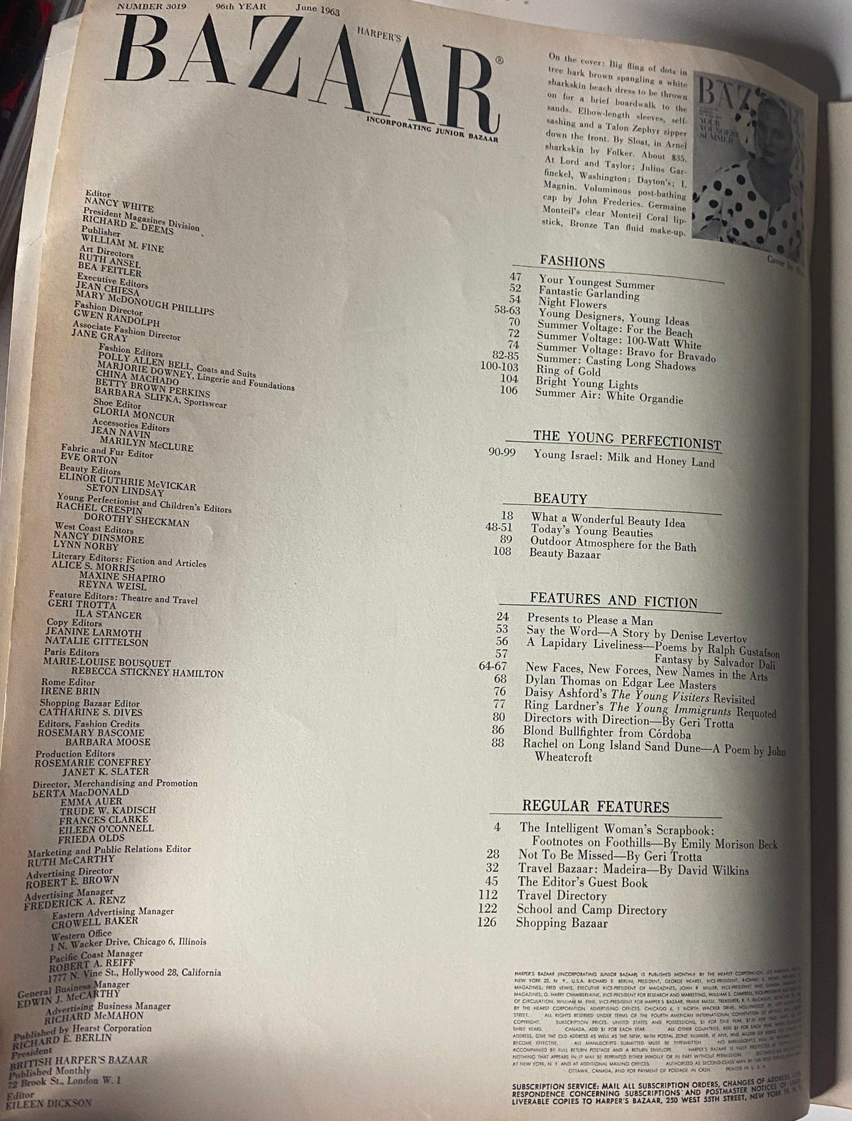 Table of Contents from Harper's Bazaar Magazine June 1963 'Your Youngest Summer' featuring fashion highlights, beauty insights, and notable literary contributions.
