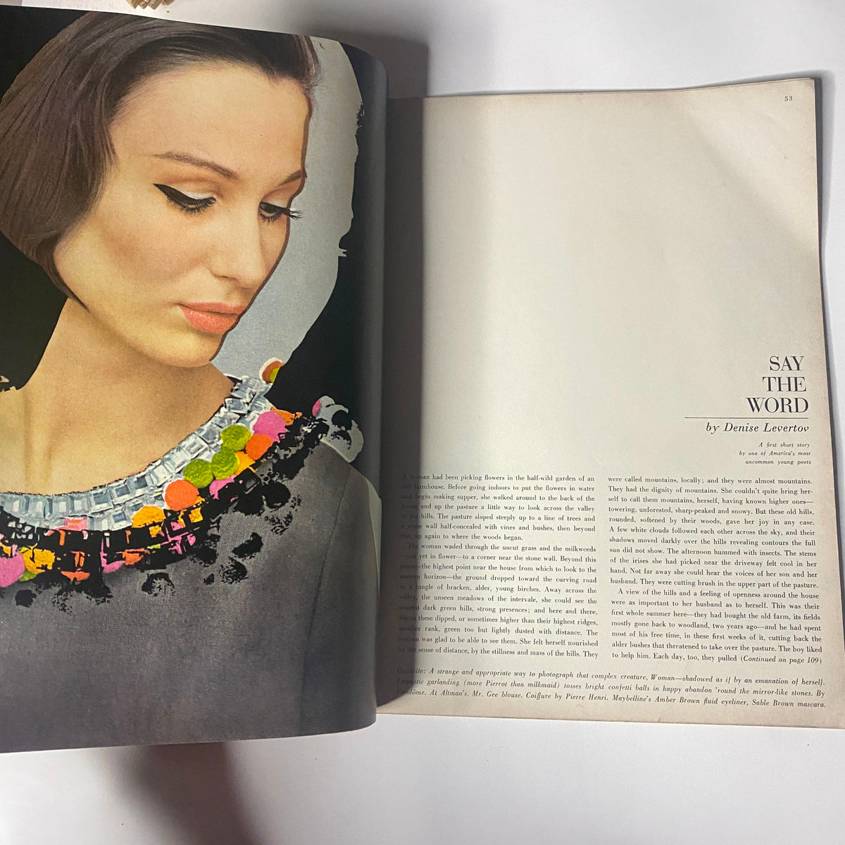 An editorial spread from Harper's Bazaar Magazine June 1963 'Your Youngest Summer' showcasing a model with bold makeup and a vibrant collar design, accompanied by the article 'Say the Word' by Denise Levertov.