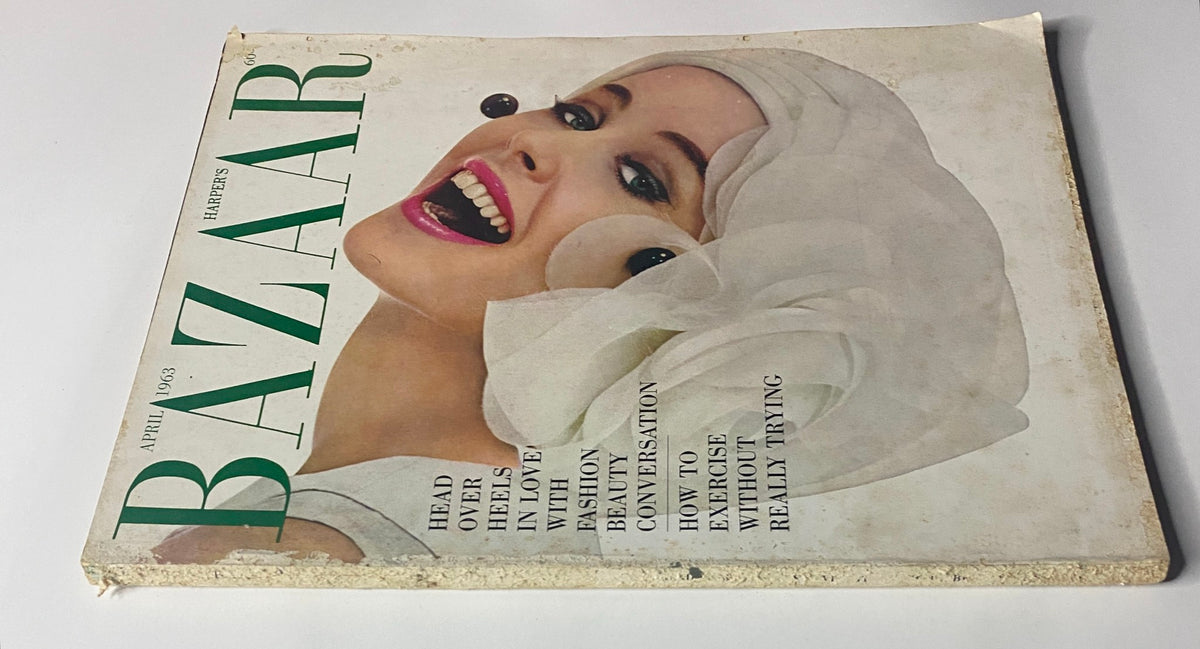 Harper's Bazaar Magazine April 1963 cover showcasing vibrant colors and a striking model, highlighting spring fashion and beauty trends.