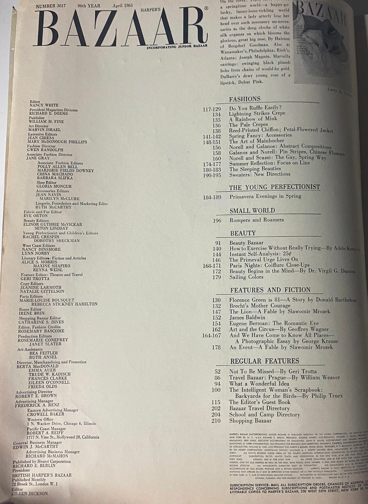 Table of Contents from Harper's Bazaar Magazine April 1963 featuring fashion sections, beauty highlights, and editorial content, showcasing iconic spring style themes.