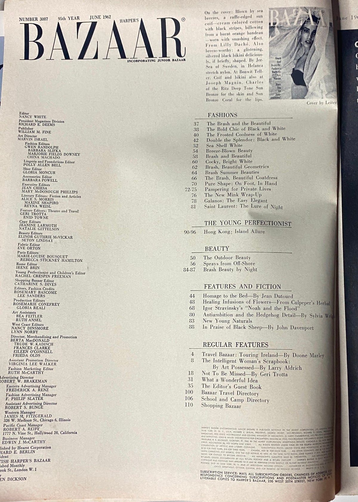 Table of contents from Harper's Bazaar Magazine June 1962 highlighting fashion features including Saint Laurent: The Lure of Night.