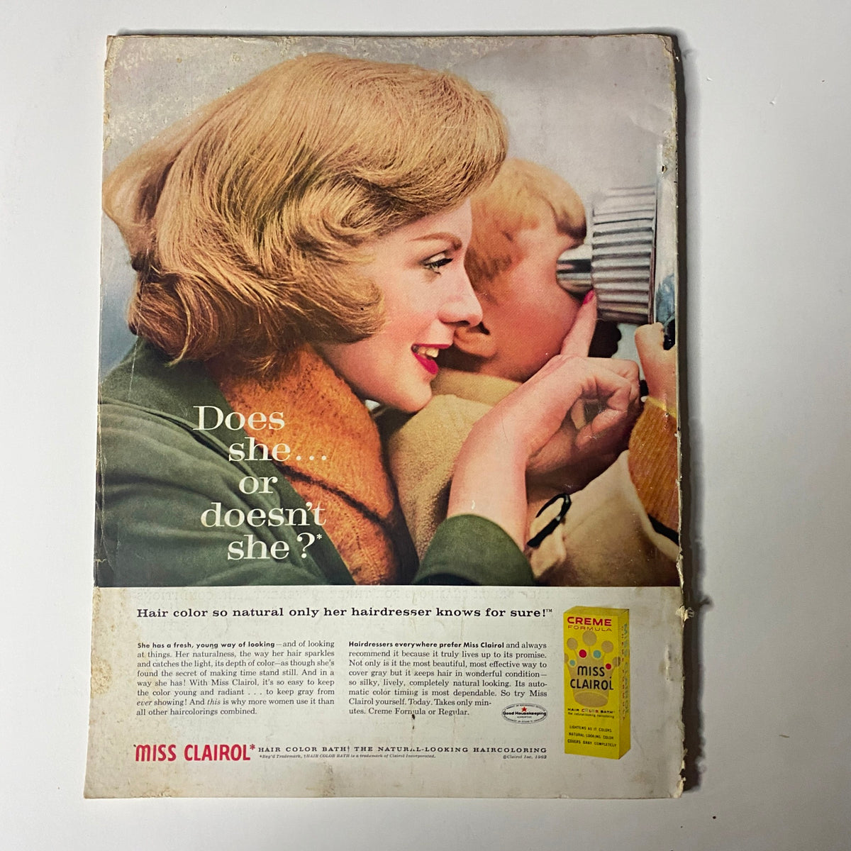 Advertorial vintage page from Harper's Bazaar Magazine June 1962 featuring Miss Clairol hair color advertisement alongside a child.