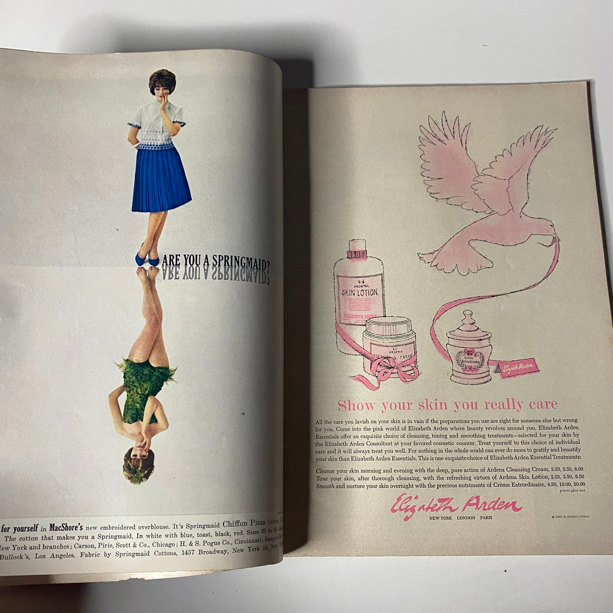 Advertising page from Harper's Bazaar Magazine February 1962 showcasing stylish models and beauty products, emphasizing the theme of spring fashion and skincare.