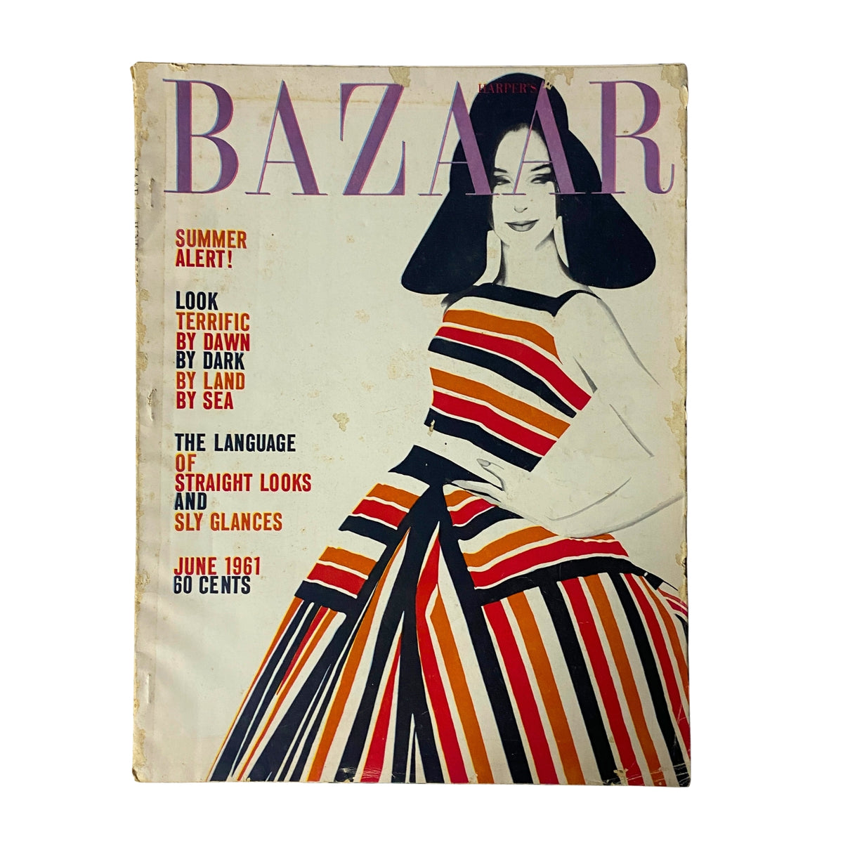 Harper's Bazaar Magazine June 1961 cover featuring a model in a striped dress, promoting summer fashion with bold colors and elegant design.