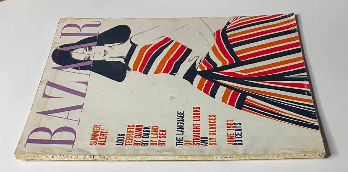 Harper's Bazaar Magazine June 1961 cover showcasing a striking striped dress on a model, highlighting summer fashion trends with an artistic illustration.