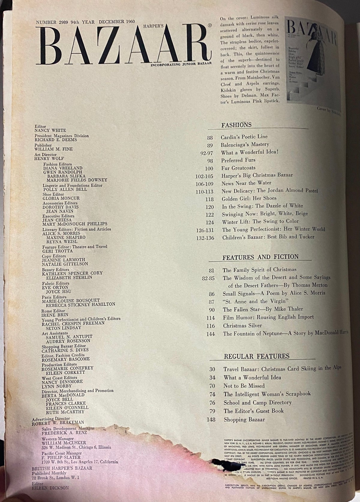 Table of Contents from Harper's Bazaar Magazine December 1960, featuring fashion highlights and editorial sections.