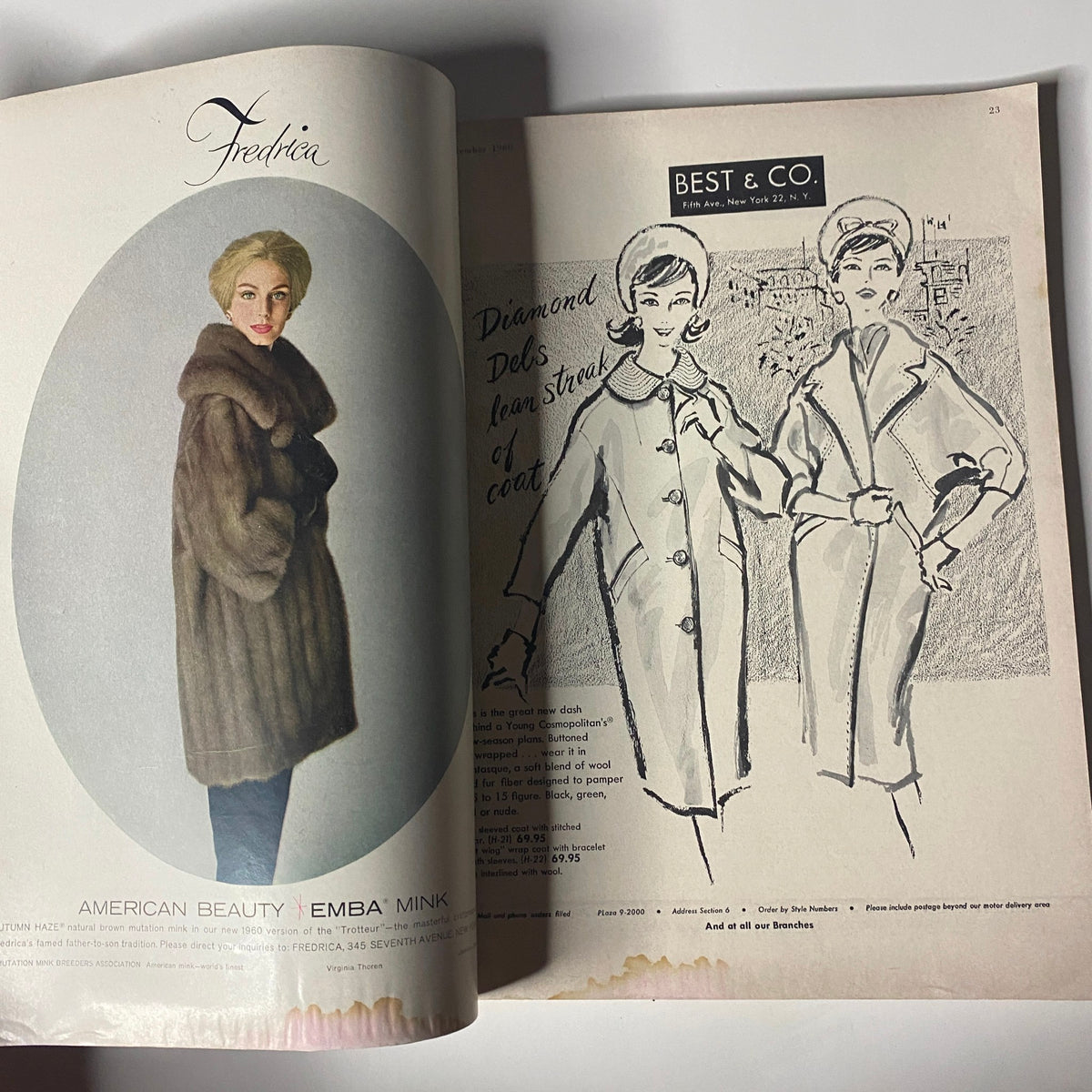 Another interior page from Harper's Bazaar Magazine September 1960 featuring illustrations of fashionable coats alongside a model wearing Emba mink fur.
