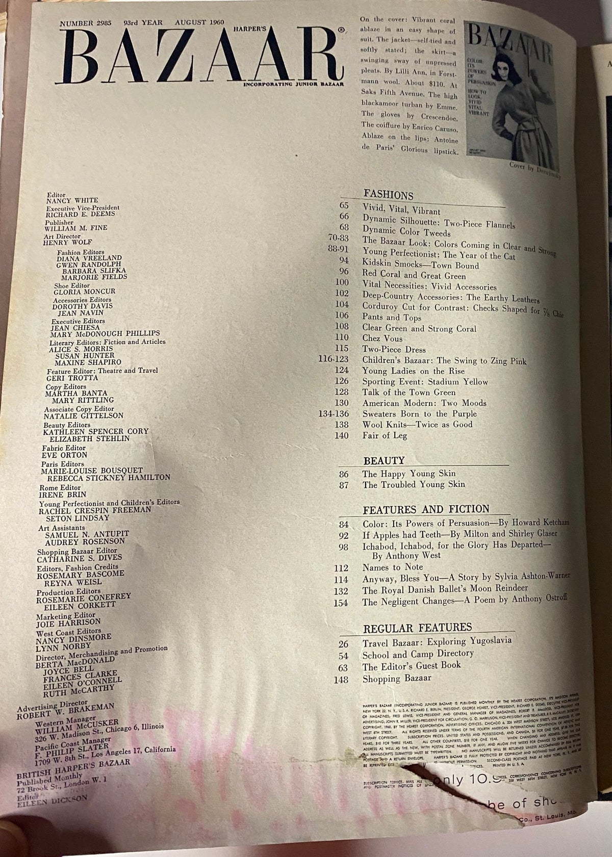 Contents page of Harper's Bazaar Magazine August 1960, listing various fashion articles and features including 'Vivid, Vital, Vibrant', representing the editorial richness of early 1960s fashion journalism.