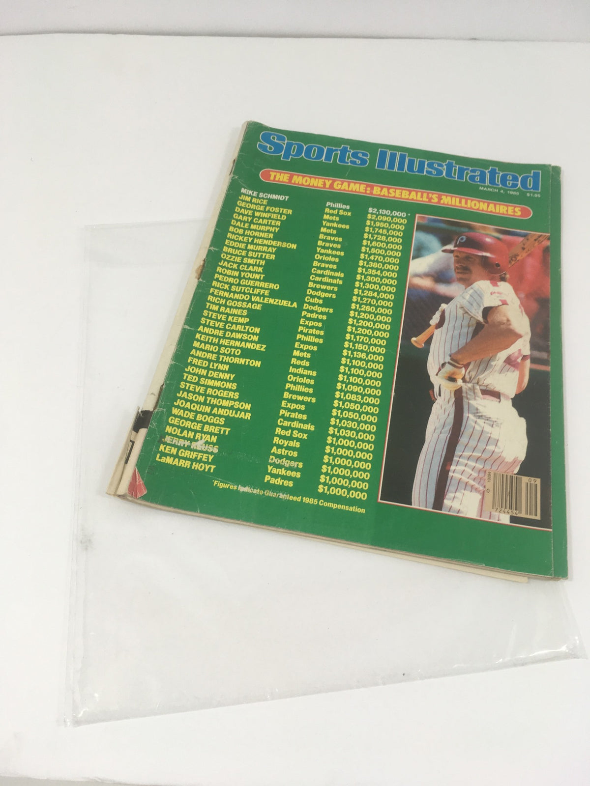 Back cover of Sports Illustrated March 4, 1985, titled 'The Money Game: Baseball's Millionaires,' listing baseball players' salaries and statistics.