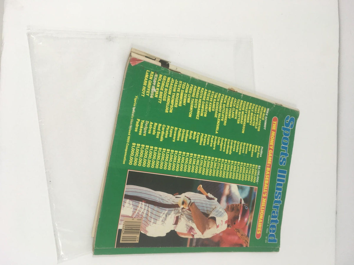 Back cover of Sports Illustrated March 4 1985 The Money Game: Baseball's Millionaires Magazine, featuring player statistics and details of top baseball salaries.