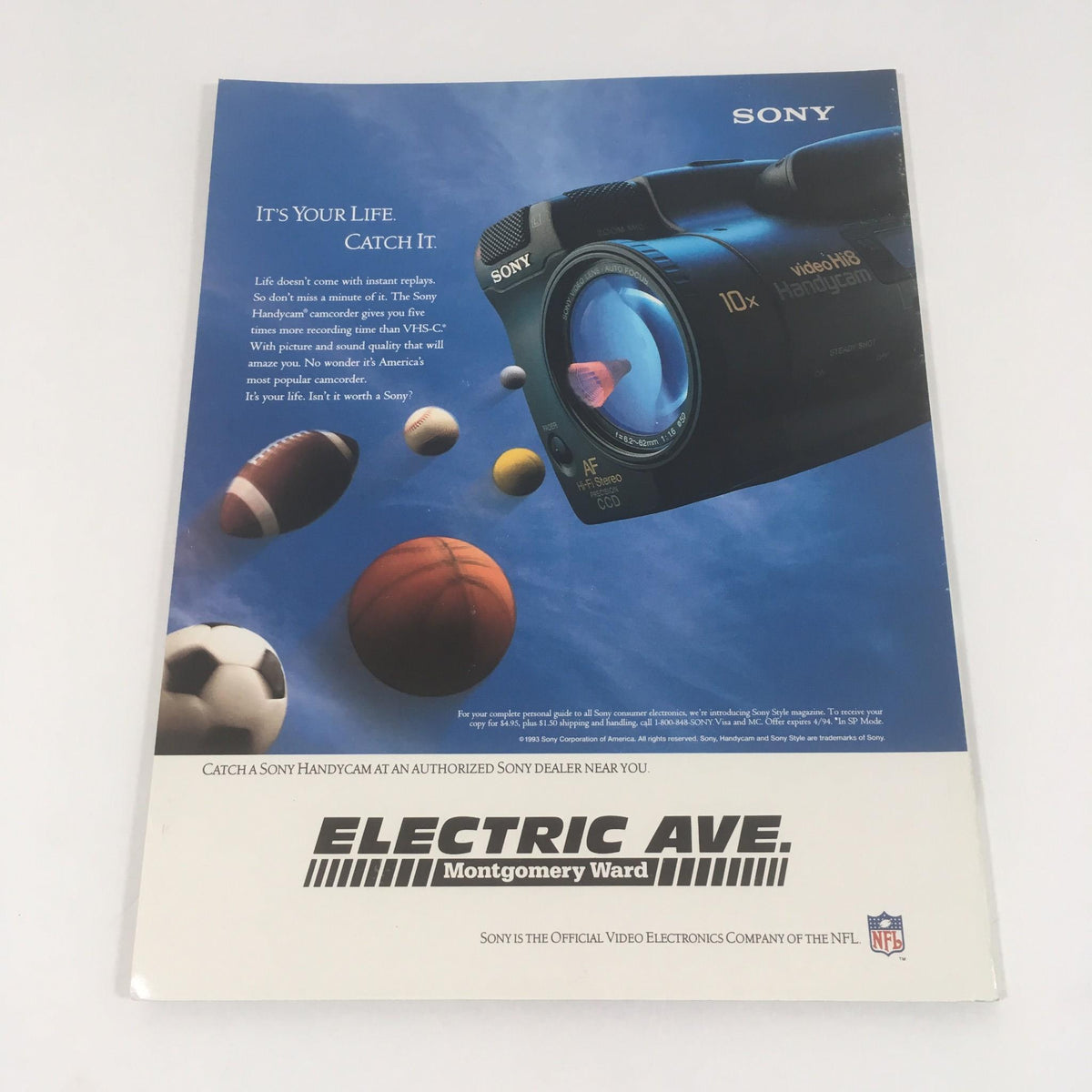 Back cover of the Chicago Bears Official 1993 Yearbook Magazine displaying a Sony camcorder advertisement with various sports balls in the background.