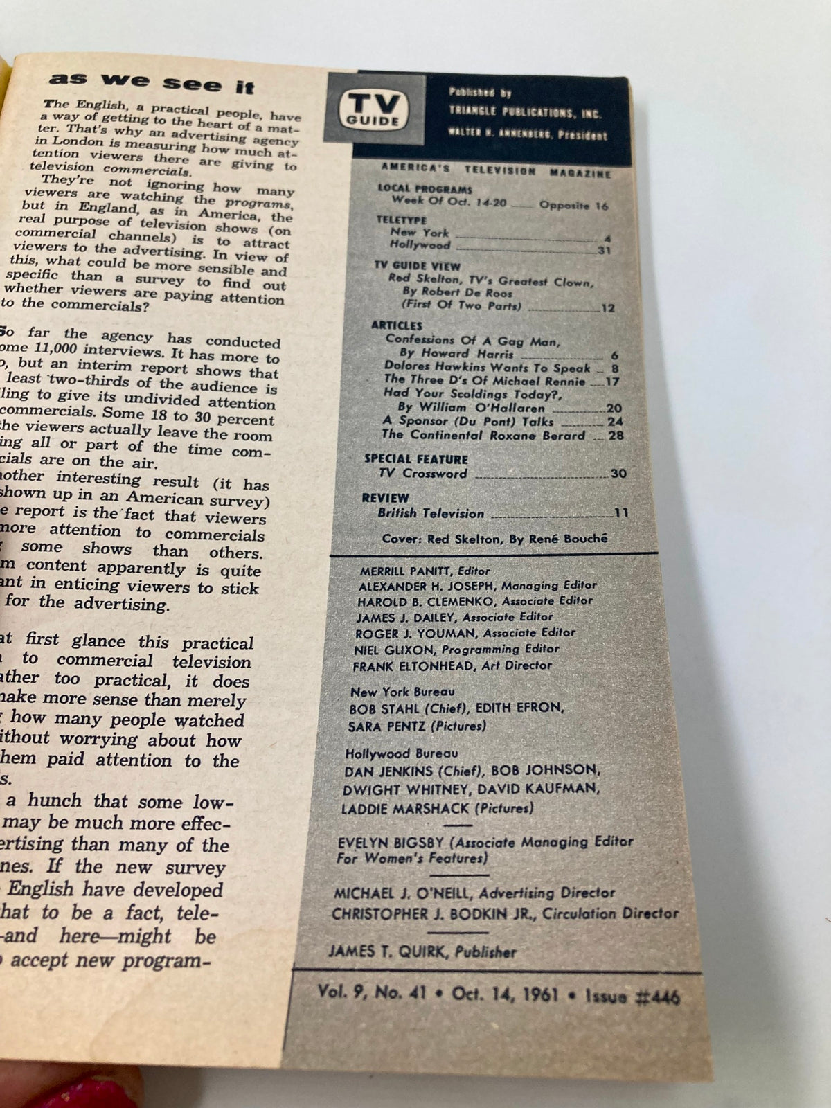 Inside page of TV Guide Magazine October 14 1961, displaying contents including articles and features related to Red Skelton and early television.