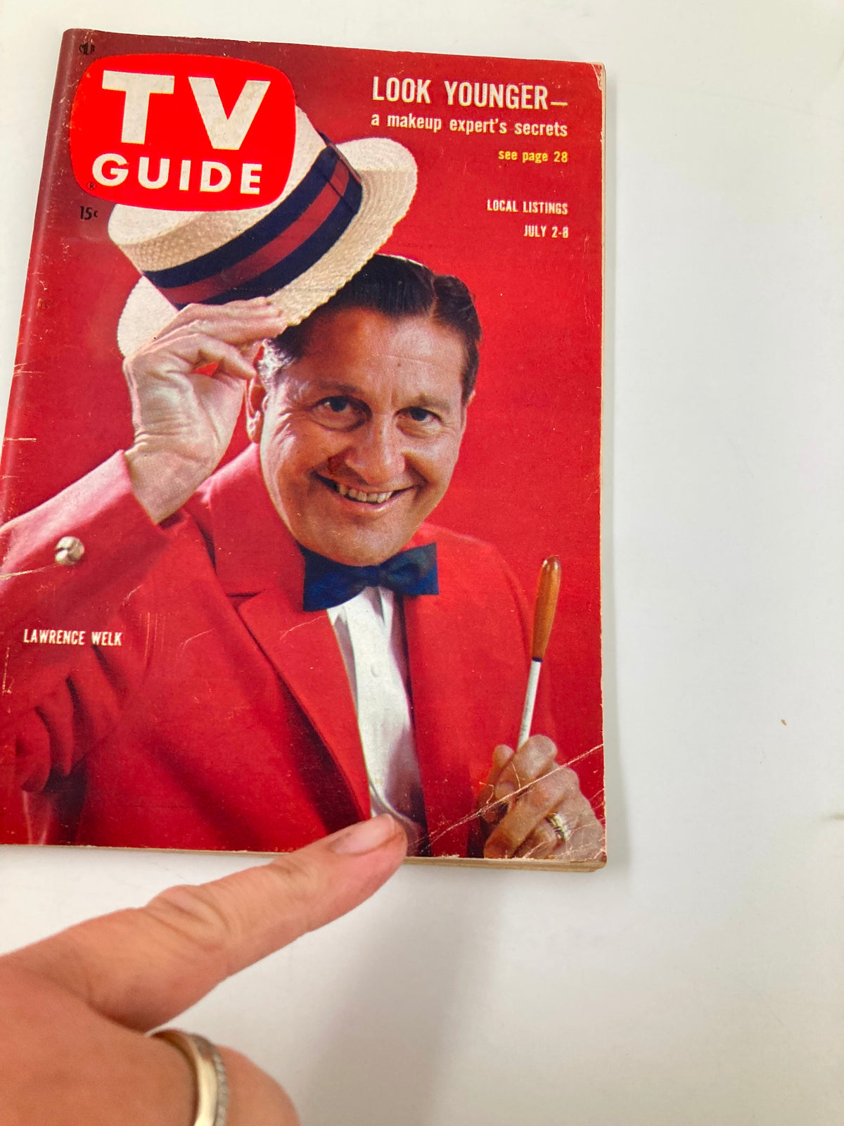 Close-up of the July 2 1960 TV Guide Magazine cover with Lawrence Welk, highlighting his colorful bowtie and the signature TV Guide logo.