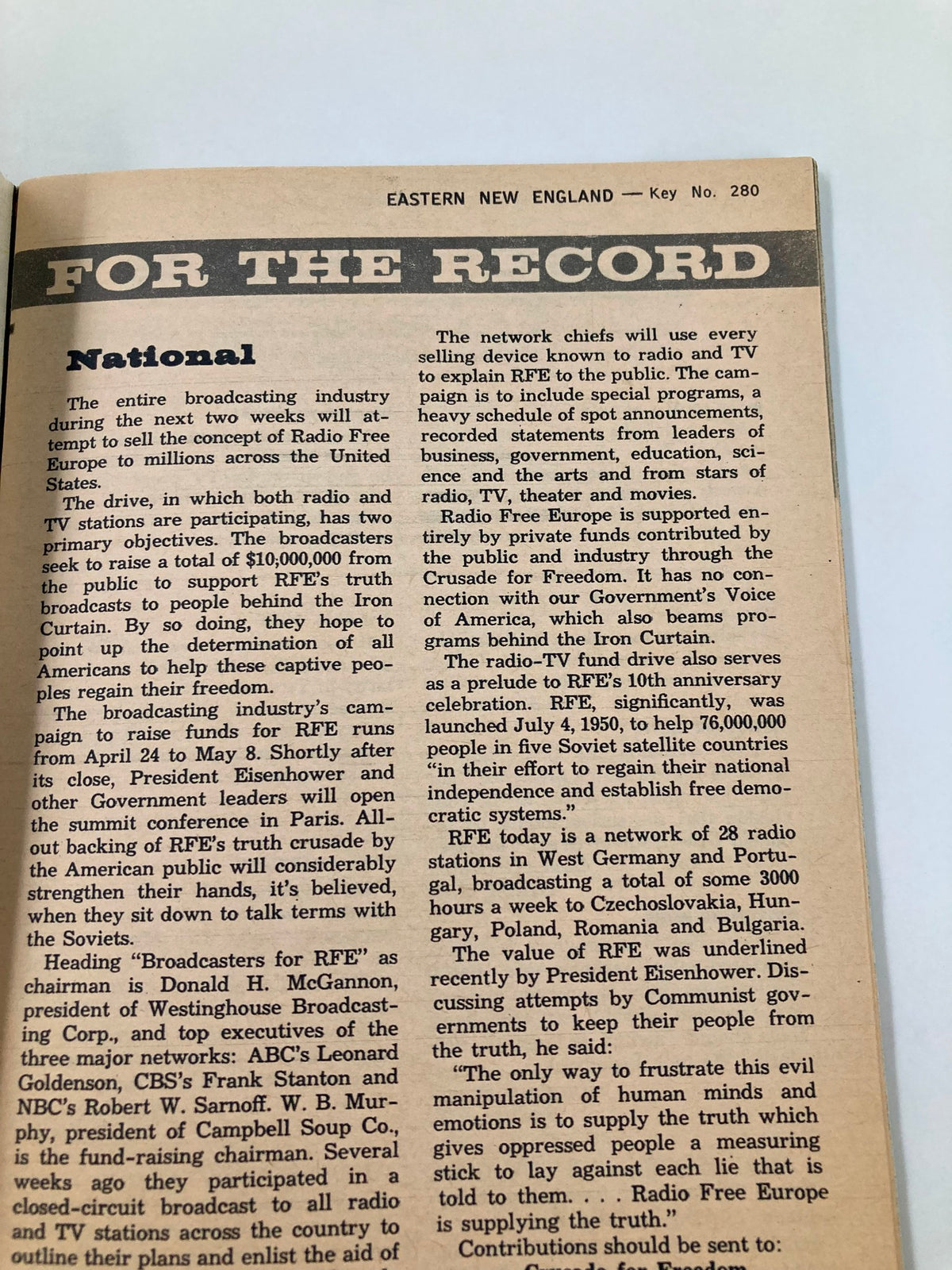 Another inside page of TV Guide Magazine April 16 1960 titled 'For the Record' discussing the broadcasting industry's efforts related to Radio Free Europe.