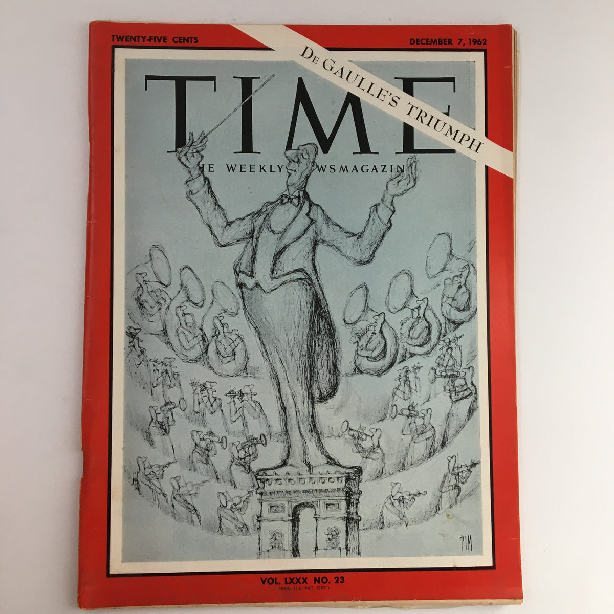 Cover of Time Magazine, December 7, 1962, Vol 80 #23, featuring De Gaulle's Triumph with an illustration of a conductor and a background of musicians.