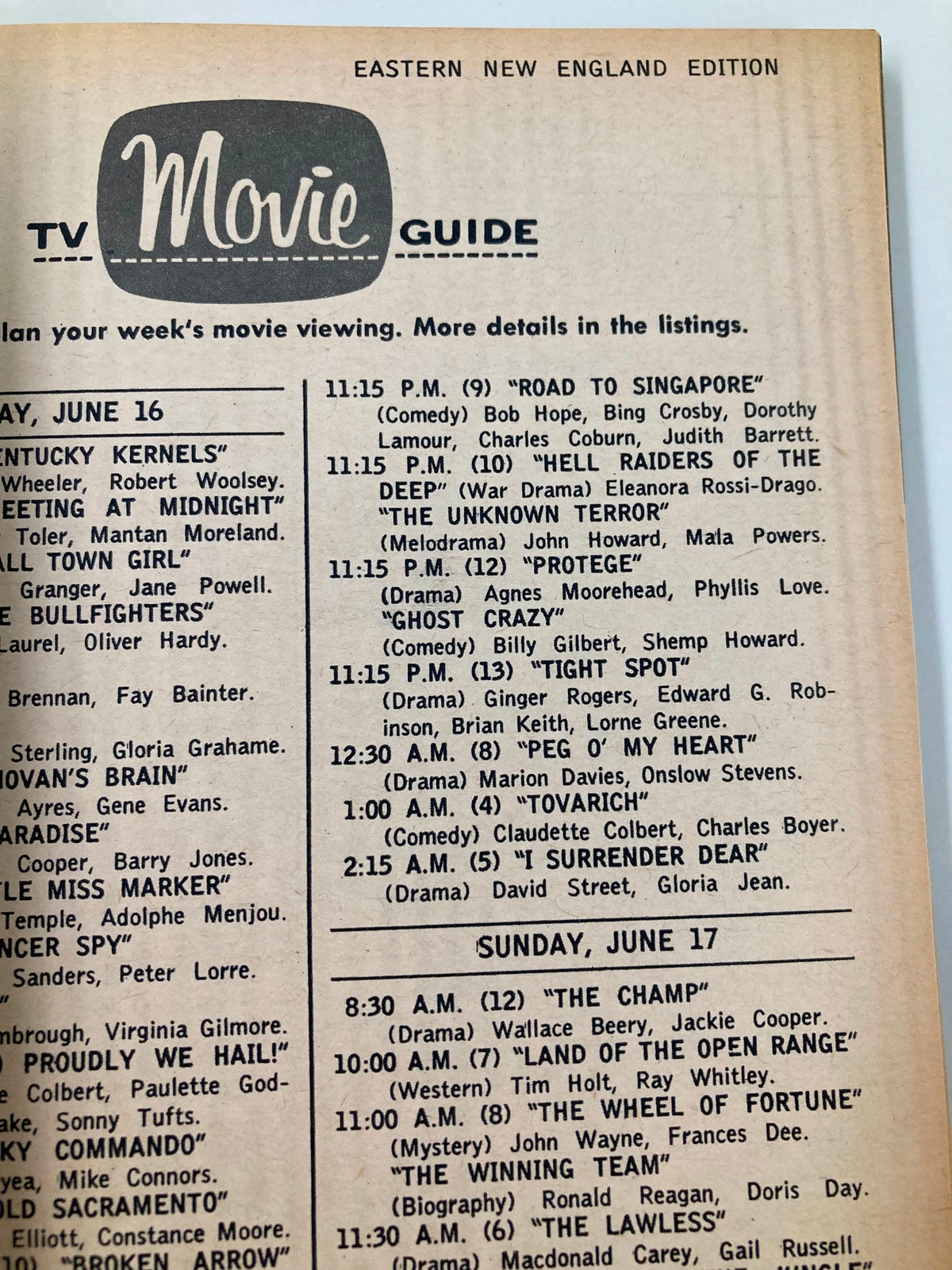 Eastern New England Edition movie guide page from TV Guide Magazine June 16 1962, detailing local TV programming and schedules for movie showings.