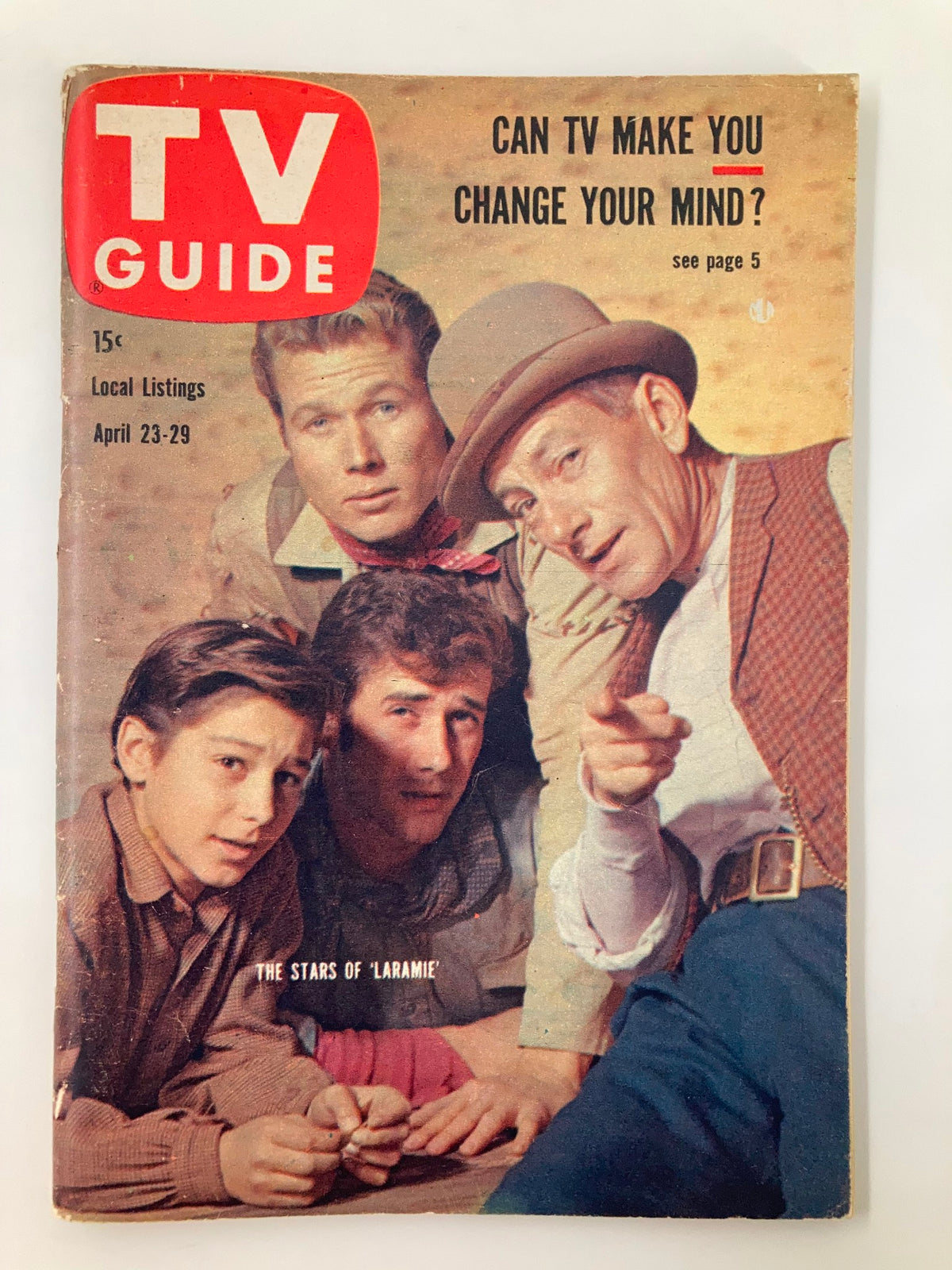 TV Guide Magazine cover from April 23, 1960 featuring 'Laramie' stars, showcasing vintage television memorabilia for collectors.