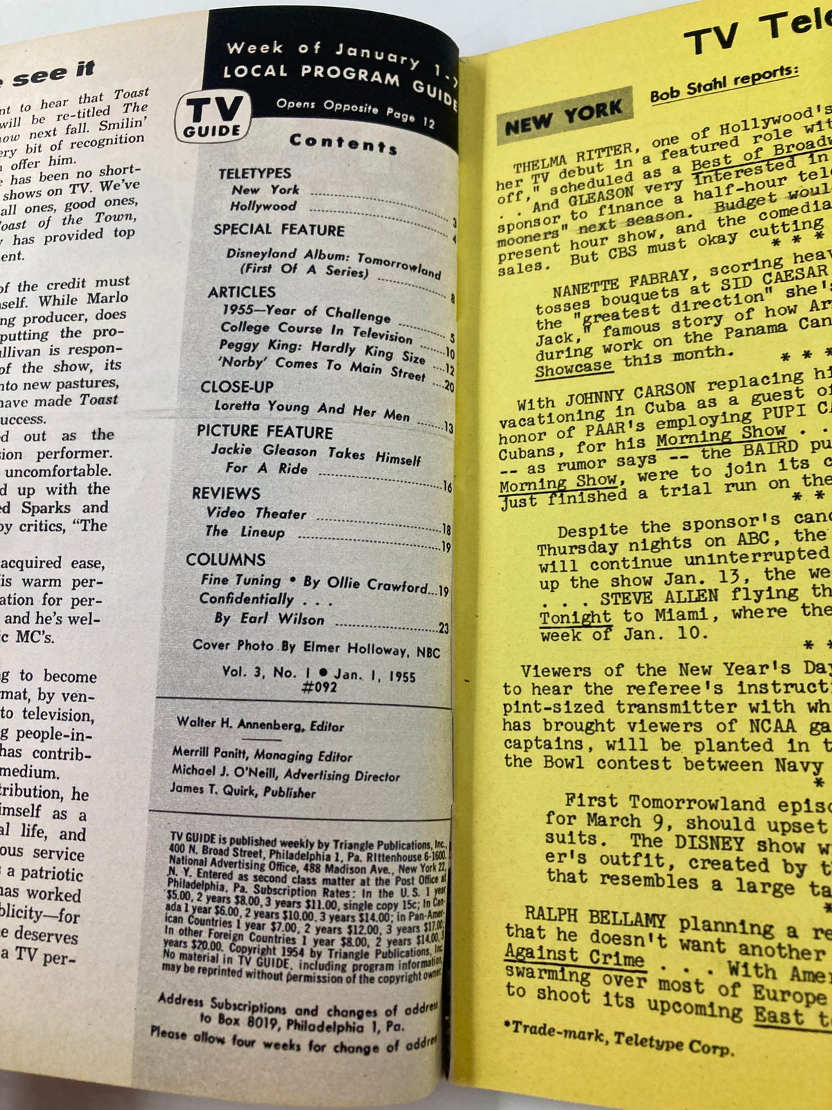 Inside spread of the TV Guide Magazine January 1 1955, featuring program listings and articles, perfect for vintage television enthusiasts.