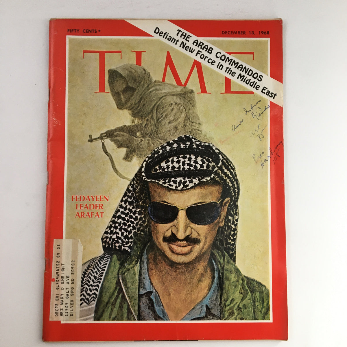 Time Magazine December 13, 1968 cover featuring Fedayeen leader Yasser Arafat, showcasing a historical perspective on Middle Eastern politics with an accompanying image of a soldier in the background.