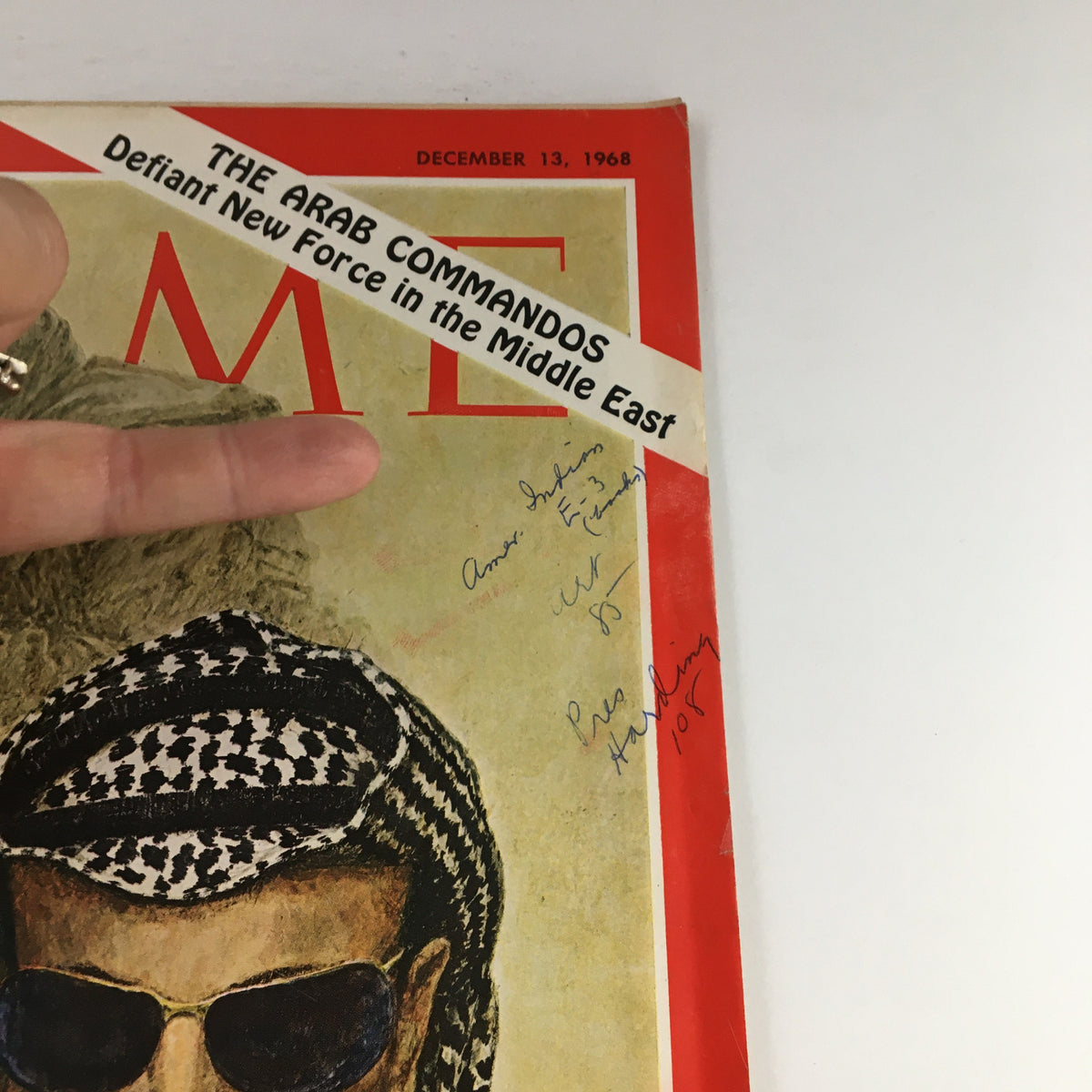 Cover of Time Magazine dated December 13, 1968, featuring the headline 'The Arab Commandos: Defiant New Force in the Middle East', showcasing vintage artwork with autographs.