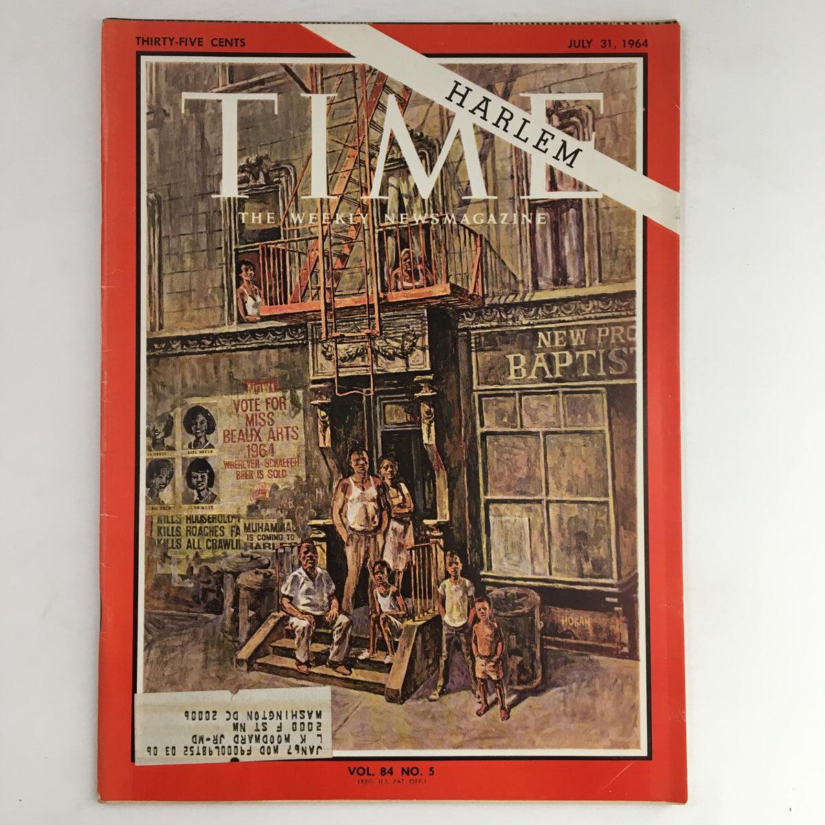 Cover of Time Magazine July 31 1964, Vol 84 No. 5, featuring an artistic depiction of Harlem, New York, showcasing vibrant street life and community scenes from the 1960s.