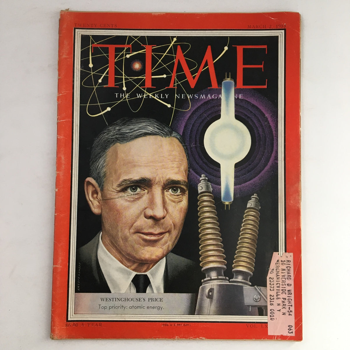 Cover of Time Magazine March 2, 1953, Vol. 61 No. 9 featuring industrialist Gwilym Alexander Price with atomic energy theme.