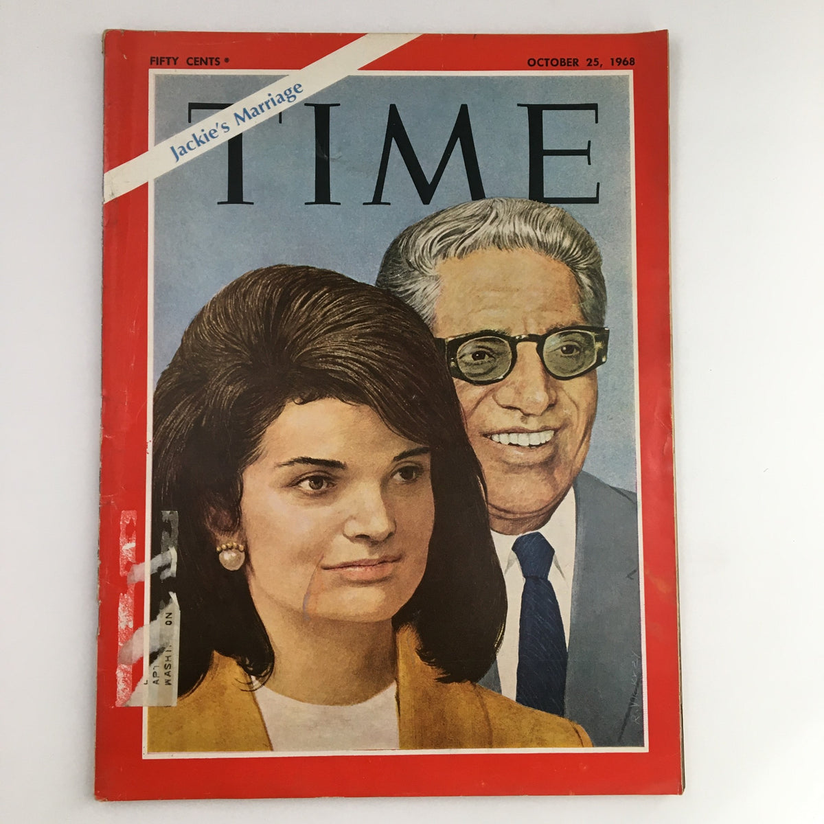 Time Magazine cover from October 25, 1968, featuring an illustration related to Jacqueline Kennedy's Marriage, Volume 92, Issue 17, showcasing notable figures of the era.