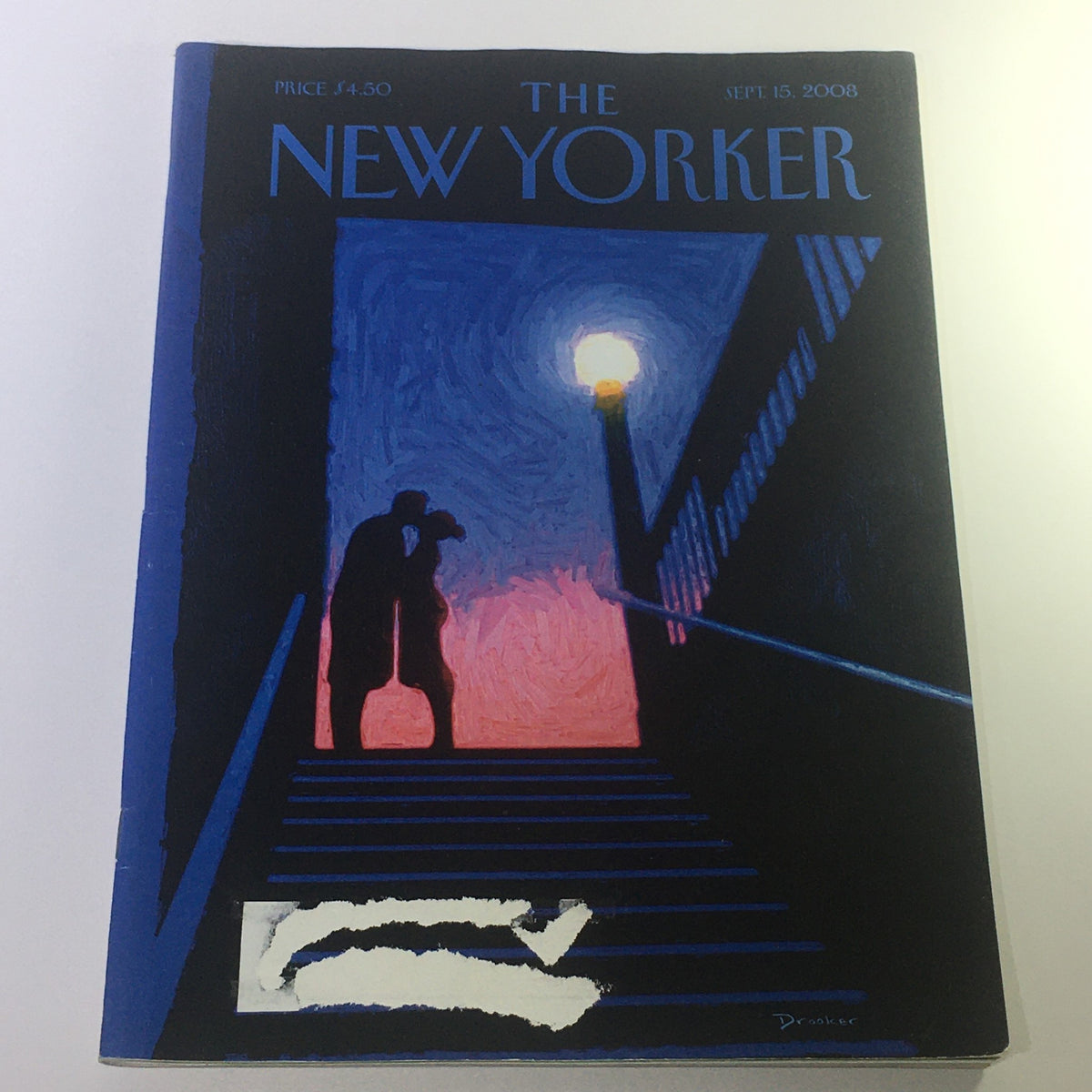 The New Yorker September 15 2008 cover featuring artwork by Eric Drooker, showcasing a couple on a staircase with a lamp in the background, representing a captivating theme.