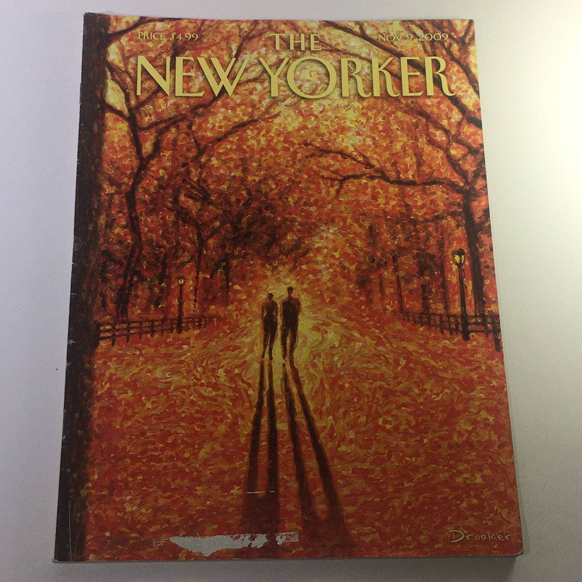 Cover of The New Yorker November 9 2009, featuring a stunning autumn scene by Eric Drooker, showcasing vibrant fall colors and two figures walking in a park.