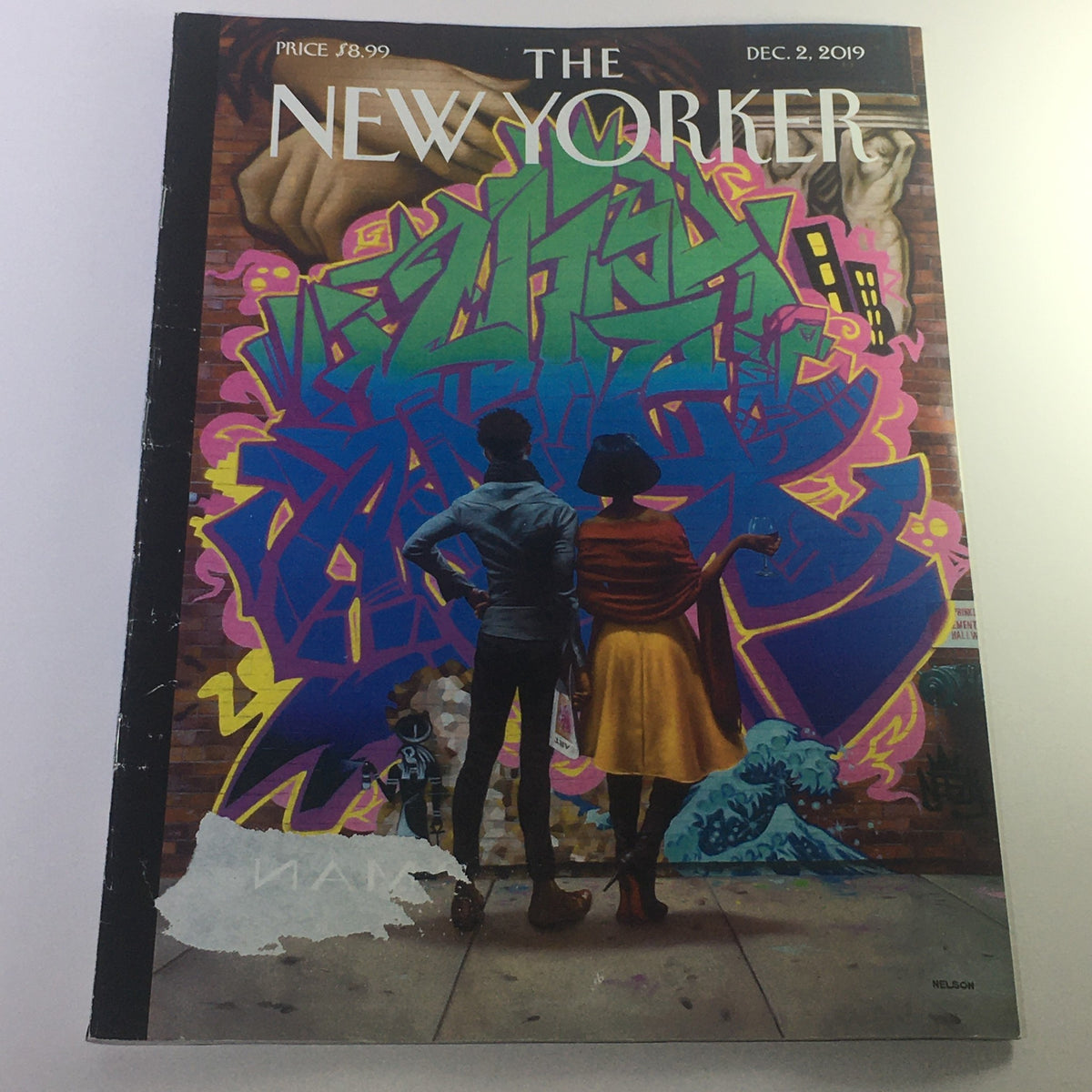 Cover of The New Yorker December 2, 2019 featuring vibrant street art by Kadir Nelson, showcasing a depiction of a couple against a colorful graffiti backdrop.