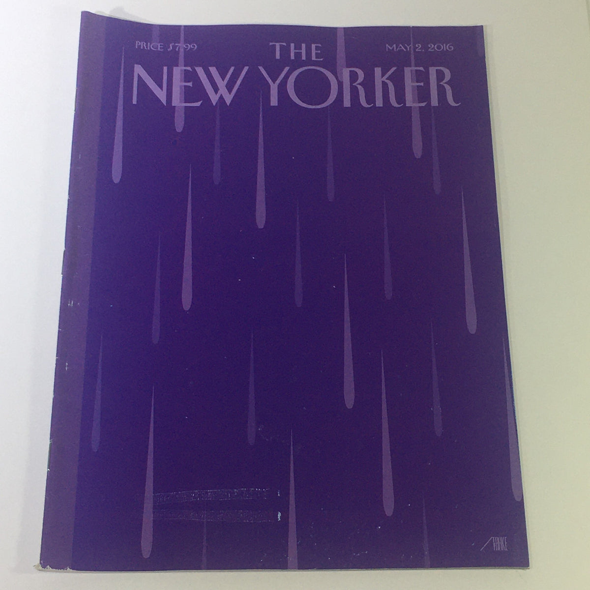 The New Yorker May 2 2016 issue featuring a tribute cover to Prince's 'Purple Rain' by Bob Staake, showcasing iconic purple rain patterns.
