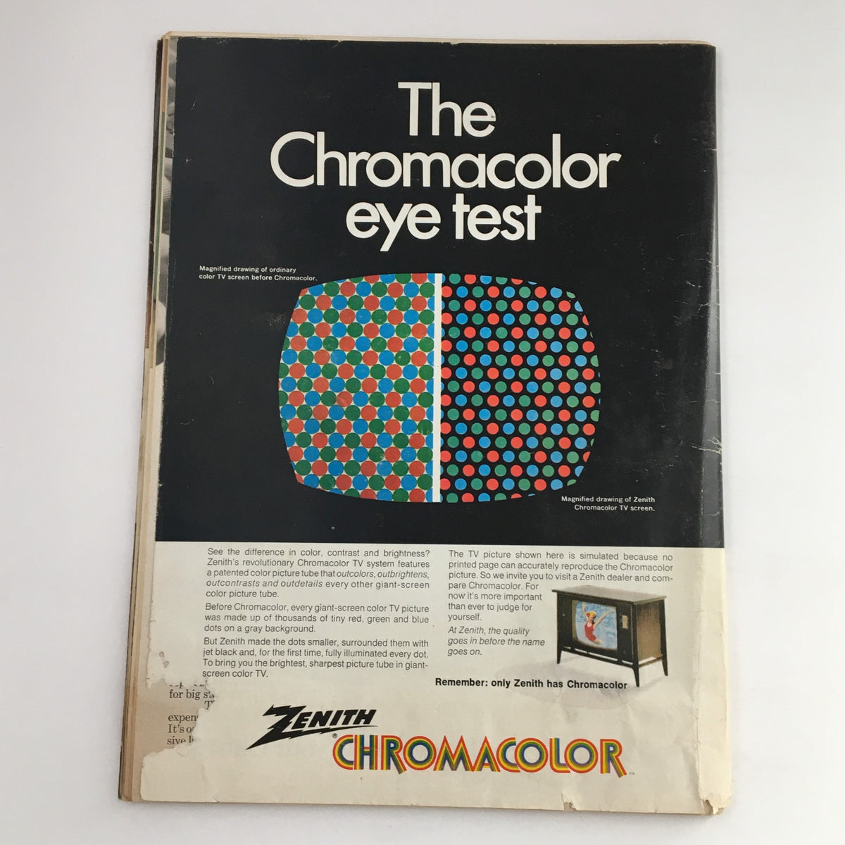 Back cover of Time Magazine April 6 1970, featuring the Chromacolor eye test advertisement by Zenith, showcasing a comparison of color contrast and brightness in televisions.