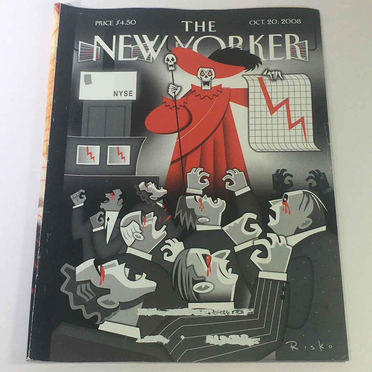 The New Yorker October 20 2008 Magazine Cover designed by Robert Risko, featuring an artistic illustration with a red theme depicting figures reacting to a market crash.
