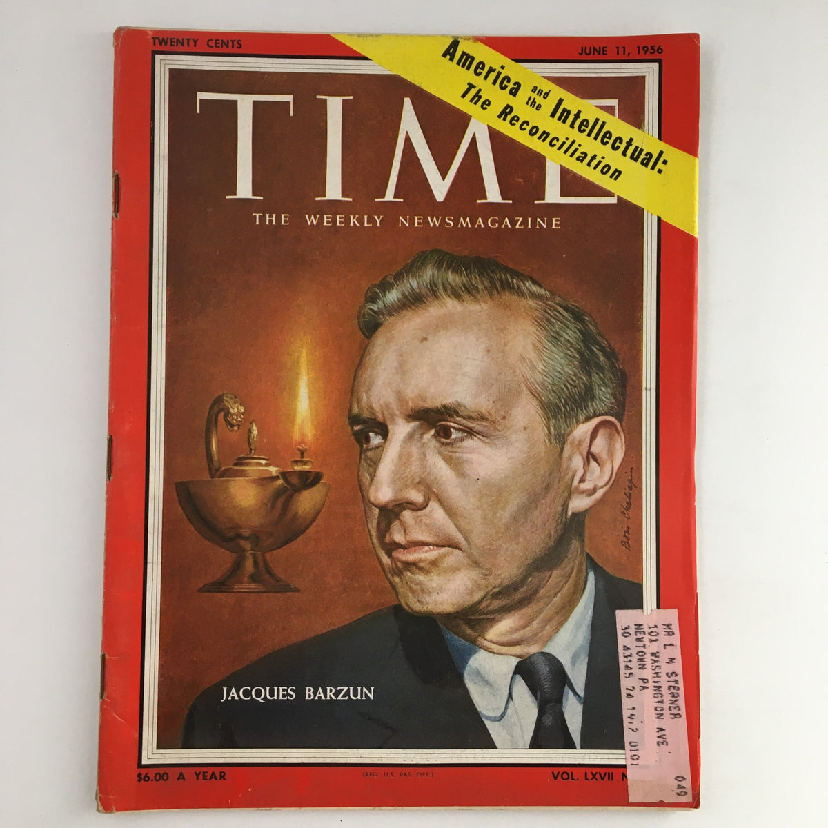 Cover of Time Magazine dated June 11, 1956, featuring American historian Jacques Barzun, showcasing a vintage design with a background of a lamp and the title prominently displayed.