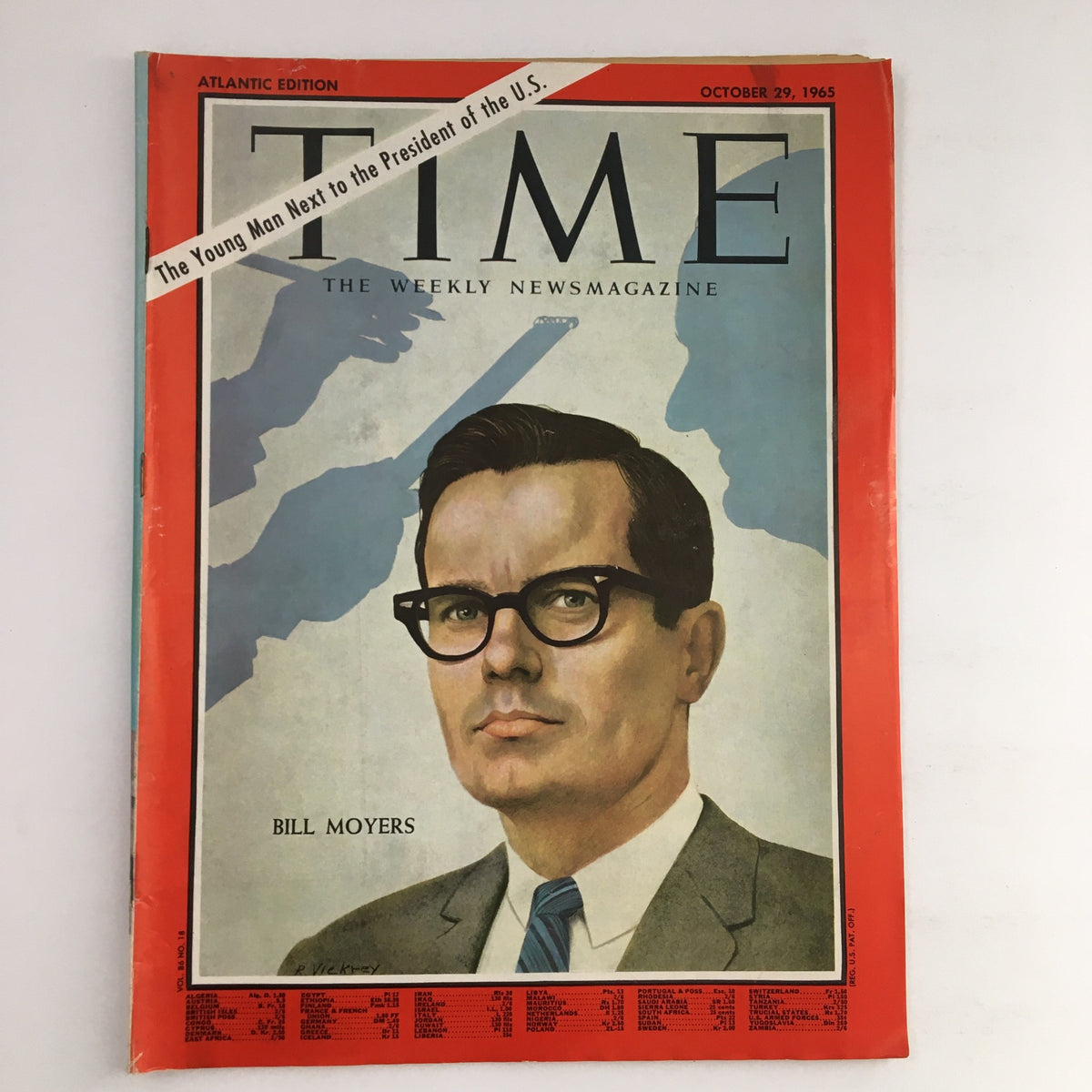 Cover of Time Magazine from October 29, 1965, showcasing Press Secretary Bill D. Moyers with the headline 'The Young Man Next to the President of the U.S.' This vintage magazine features a striking illustration and highlights significant political events of the 1960s.