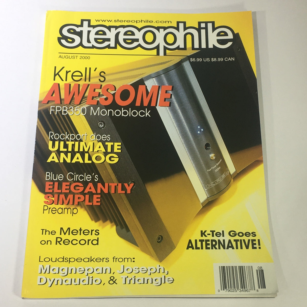 Cover of Stereophile Magazine August 2000 featuring Krell FPB350 Monoblock, showcasing the headline 'Krell's AWESOME FPB350 Monoblock' along with other audio technology highlights.